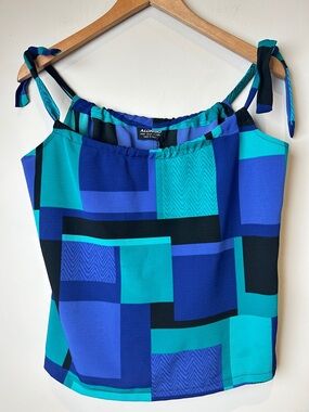 Vintage Made in Italy Blue & Teal Geometric Tie-Shoulder Tank Top